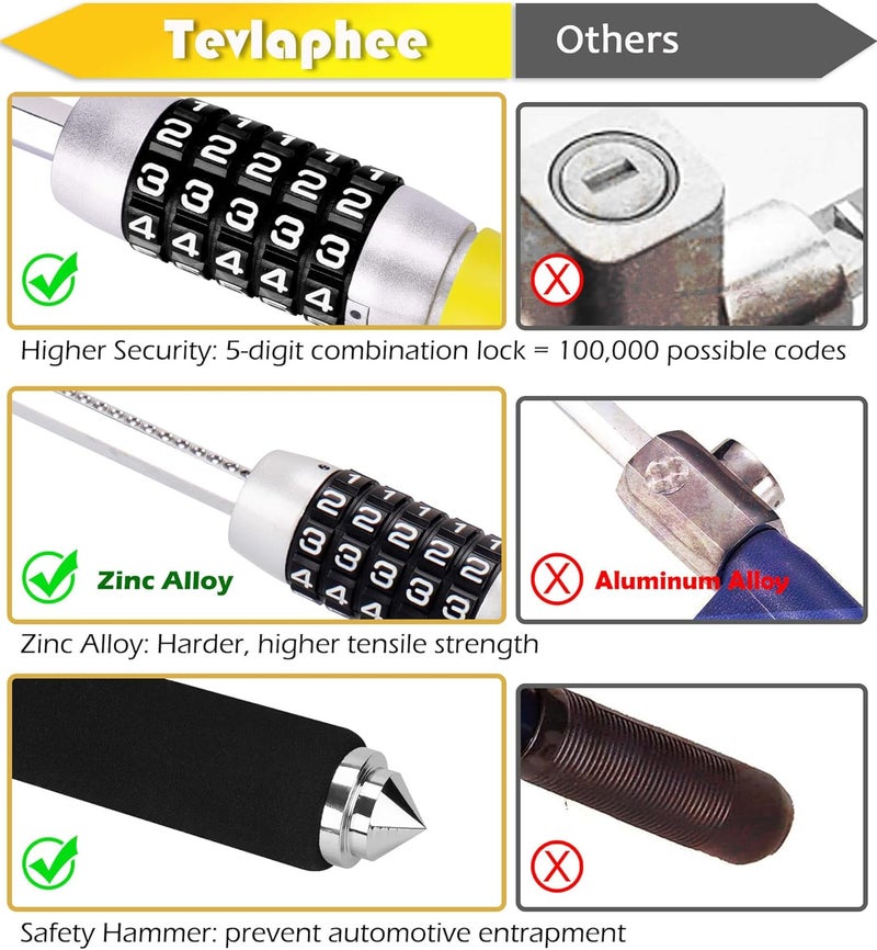 Tevlaphee Steering Wheel Lock, Car Lock Anti Theft Keyless Extendable Retractable Password 5 Coded Combination Lock, Heavy Duty Universal Fit (Yellow) - Image 4